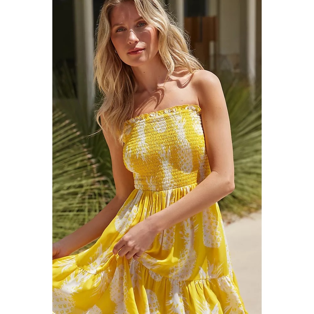 Anthropologie Printed Mini Dress - Yellow Smocked Pineapple Print
